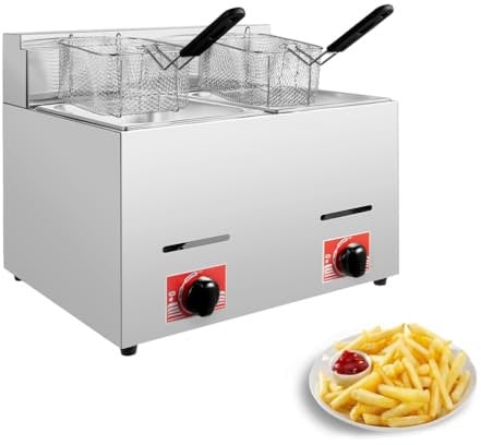XoTiq Friteuse à gaz Professionnelle pour Restaurant Commercial, friteuse de comptoir en Acier Inoxydable de 12 L avec 2 paniers et 2 couvercles – Idéale pour Les Frites, Le Poulet et Plus Encore