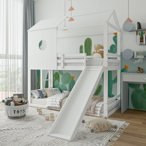 Lit superposé cabane 2 x 90 x 200 cm avec Toboggan et échelle, Multifonctionnel Lit Superposé Enfant, Sommier à Lattes, Cadre en pin, Blanc