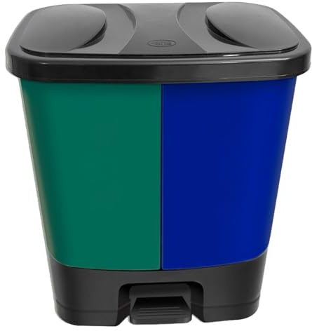 FotoStation (Green and Blue- Twin Bin 37 Litre Plastic Double Rubbish Bin Dual Compartment Kitchen Recycling Bins with Lid and Detachable Buckets with Handle 2 in 1 Pedal Dustbin for Indoor & Outdoor