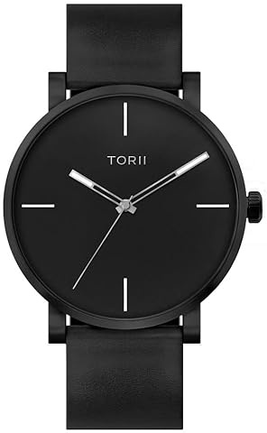TORII Herrenuhr Schwarz Edelstahl - rund Quarz B45BL.B4 Lederarmband Strichindizes wasserdicht 100 m