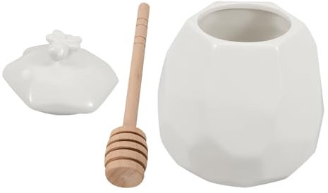 VOSAREA Ceramic Honey Jar Wooden Dipper Small Honey Pot Container Storage Jar Lid for Home Use