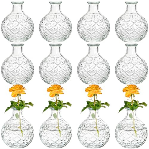 SOUJOY 12 Pack Small Glass Ball Bud Vase, Unique Mini Low Sitting Flower Vase, Clear Diamond Floral Centerpieces for Home Decor, Weddings, Floral Arrangements, Events, Parties