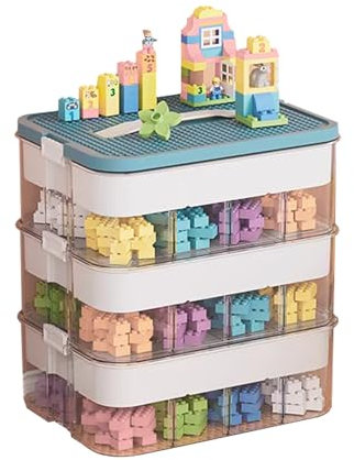 Kinder Aufbewahrungsbox mit Deckel für Lego Bausteine Aufbewahrungsfächer Stapelboxen Spielzeugaufbewahrung Stapelboxen Kunststoff Sortieren Kleinteile Transparent Organizer 3 Lagen Blaue Farbe