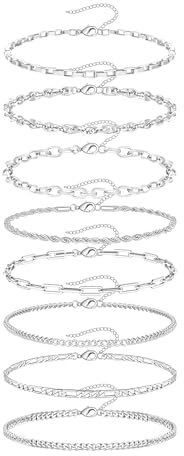 Kenivira 8Pcs Silber Armband Set für Damen Silber Verstellbar Stapelbare Armband Set Schmuck Geschenke für Mädchen Damen