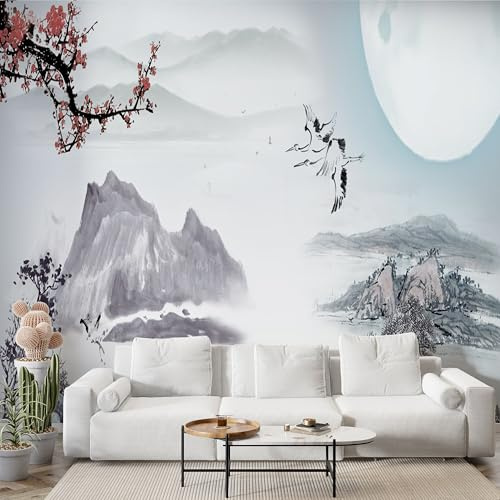 Boceoey Japanese Mountain Crane Wall Mural, Self-Adhesive Peel & Stick Wallpaper, Cherry Blossoms Watercolor Design Photo Wallpaper for Living Room & Bedroom (450x315 cm), S-947