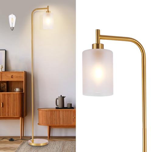 DLLT Floor Lamp Tall for Room: Gold Standing Lamp with Frosted Glass Lampshade for Bedroom - Modern Bright Lamp for Living Room - Industrial Corner Floor Lamps for Office 8W Led Bulb Included