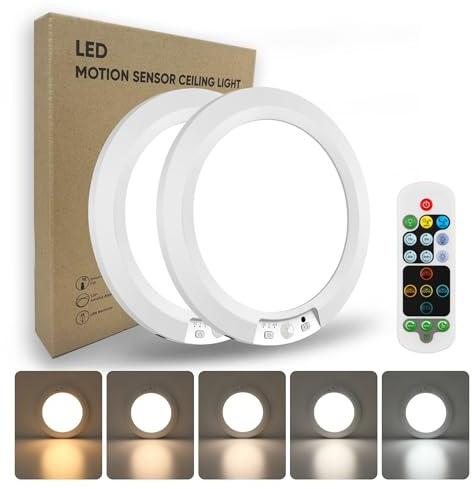 APCENS 8000mAh Rechargeable Motion Sensor Ceiling Light, 19cm Round, 2-Pack | Wireless, LED Light, 450LM, 5 Color Temps Dimmable, Remote Control
