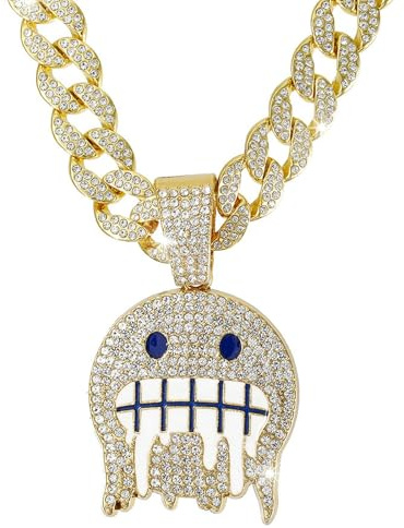 Jpltlvy Collana da uomo con ciondolo a forma di faccina sorridente, stile hip hop, con strass, idea regalo per streetwear urbano