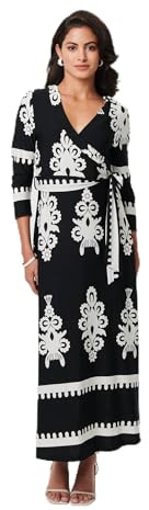 Izabel London Ikat Print 3/4 Sleeve Wrap Maxi Dress for Women UK with a v-Neck, a tie Waist and an a-line Shape. Black