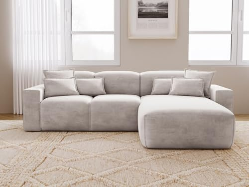 GRAINGOLD Leni Ecksofa 265x180 cm, L-Form Sofa, Ecksofa für Wohnzimmer, Geflechtstoff, 3-Sitzer Eckcouch, Modernes Design (Hellgrau, Rechts)