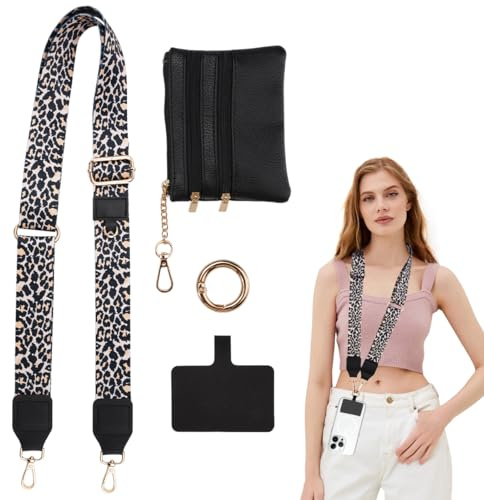 Handykette mit Portemonnaie, Verstellbarer Umhängegurt für Handys mit Geldbörse, Handyband zum Umhängen Breit, Handykette Universal mit Tasche, Damen Und Herren Handygurt Zum Umhängen(Schwarz Leopard)