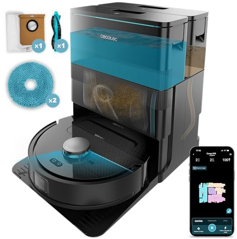 Cecotec Robot Aspirador y Friegasuelos con Base de Autovaciado y App Conga X50 X-Treme. Navegación Láser, Mapeo Interactivo, 15000Pa, Autonomía 240mins, Mopas Elevables, Base con 3 Depósitos