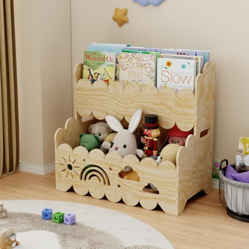 DUHARS 2-stöckiges Kinderbücherregal aus Holz, Montessori-Bücherregal, Geeignet für Kinderzimmer, Kindergarten und Klassenzimmer, Kinderbücherregale und Spielzeugaufbewahrung