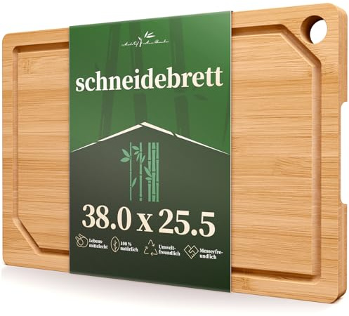 Kitsure Bambus-Schneidebrett, holzbrett, natur, 38,0 x 25,5 cm | Schneidebrett Holz aus Bambus, Mit tiefen Saftrillen, ideal zum Schneiden, Hacken & Servieren.