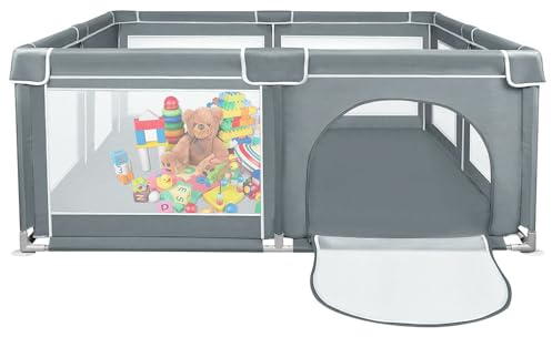 Belfoyer Laufstall Baby 180x150 cm – XXL Baby Laufgitter aus Oxford Stoff mit Netz, rutschfest, mit Aufbewahrungstasche (180 * 150 * 66cm Dunkelgrau)