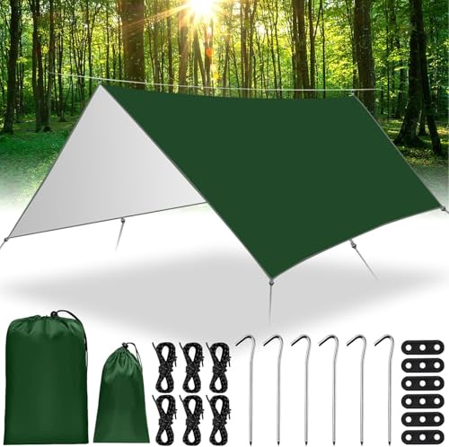 MWZEAUL Toldo de Camping 3x3M, Tienda de Campaña Tarp Impermeable con 6 Cuerdas, 6 Clavos de Tierra, 2 Bolsa de Guarda, Lona Toldo Camping Accesorios para Vivac, Picnic, Playa, Hamaca,Furgoneta,Camper
