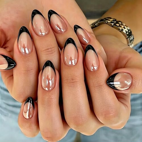 KQueenest Chrome Black French Tip Press on Nails Short Almond, Shiny Soft Gel False Nails with Glazed Sparkle Finish, 30 Pcs Artificial Fake Nails Short Stiletto, Reusable Thick French Nail Set