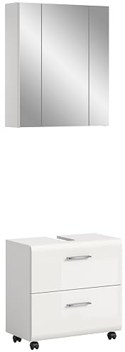 xonox.home – Badkombination Ice auf Rollen 60x185x30 cm in weiß Hochglanz – 2-teiliges Set inkl. Waschbeckenunterschrank auf Rollen & Spiegelschrank – Flexibel, modern & ideal für kompakte Badezimmer