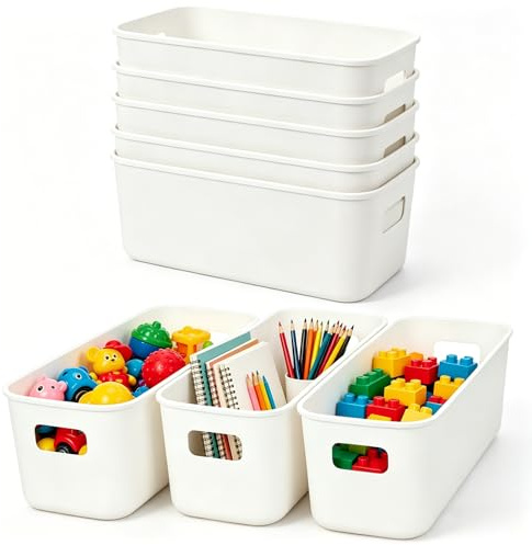 8Pcs White Narrow Storage Bins, Long Bathroom Organizing Bins with Handle, Plastic Cupboard Organizers Small Storage Containers for Bathroom Kitchen Office Vanity Pantry Shelves, 27.5×10.5×9.5cm