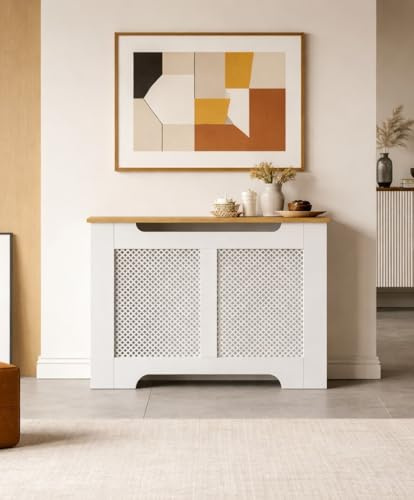 Furnihaus Eleanor Radiator Cover, Wooden MDF Radiator Cabinet with Lattice Front Panel, Freestanding Heating Cover for Hallway, Living Room or Bedroom, (White and Oak Effect Top, Medium)
