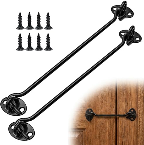 Fofuo 10 inch Hook and Eye Latch 2 Pack Stainless Steel Black Cabin Hook | Heavy Duty Rustproof Eye Lock Gate Latch with Mounting Screws for Sliding Door Outdoor Garden Shed Window Fence Wooden Gate