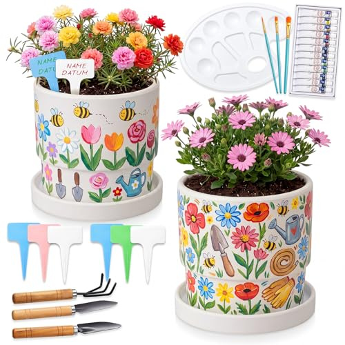 Hestya Set di Pittura su Ceramica DIY 2 Vasi in Ceramica Bianca con 2 Pallet 12 Colori per Ceramica Pennelli Tavolozza Pale da Giardino Cartelli da Giardino Regali per Famiglie e Coppie (Cilindrico)