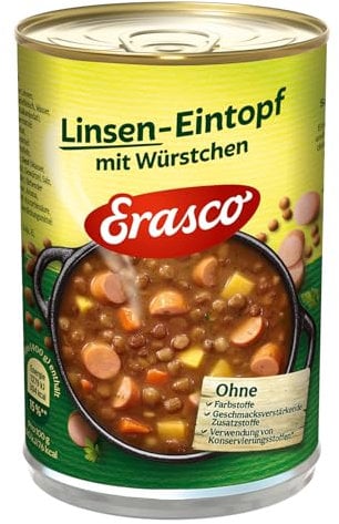Erasco Linsen-Eintopf mit Würstchen (1 x 400g), In nur 5 Minuten fertig – Ausgewähltes Gemüse – Einfach köstlich - Ohne Schnickschnack
