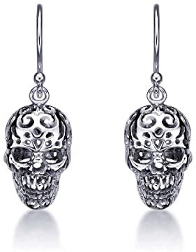Diamond Treats Hängende Gothic Skull Ohrringe in 925 Sterling Silber, kompliziertes Design Sterling Silber Ohrhänger mit Fischhaken, Edgy Hänge-Ohrringe für Damen und Mädchen