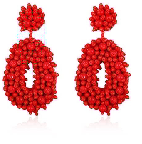 Statement Drop Earrings - Bohemian Beaded Round Dangle Earrings Gift for Women (W-Red)