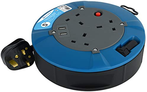Electraline 849231 2 USB, 13 A Cassette Cable Reel with 5M Extension Lead with 2 USB Ports 2.4A (Type A), 13A 3 Way Socket, with Thermal Cut Out and Foldable Space-Saving Rotating Handle