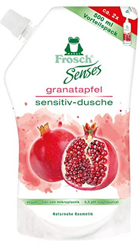 Frosch Senses Sensitiv-Dusche Granatapfel Duschgel, für empfindliche Haut geeignet, pH-hautneutral und vegan, ohne Mikroplastik, Nachfüllbeutel, 6er Pack (6 x 500 ml)