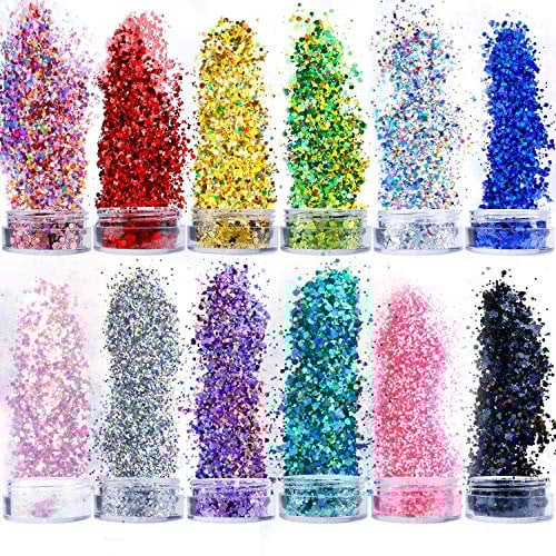 ANDERK Face Glitter Chunky Glitters for Hair and Nails - 12 Boxes Star Hexagon Heart Moon Sequins Iridescent Flakes Colorful Mixed Paillette Makeup Face Body Hair Nail Art Decoration