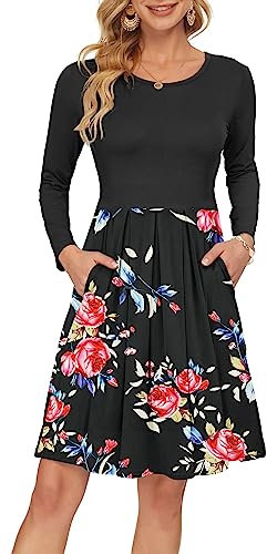AUSELILY Women's Long Sleeve Pleated Loose Swing Casual Dress with Pockets Knee Length Black Rose Black L