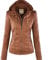 ORANDESIGNE Jacke Damen PU Lederjacke Lange Ärmel Kurzmantel Jacke mit Kapuze Motorradbekleidung Braun L