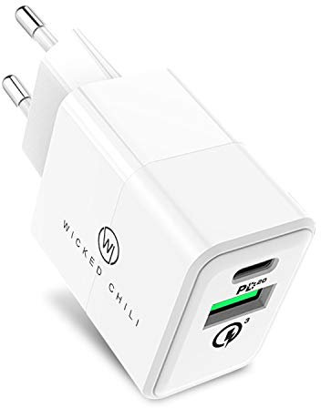Wicked Chili 20W Duo Ladegerät, USB-A/USB C - Schnellladegerät, Netzteil kompatibel mit Samsung, Huawei, Apple iPhone 14, 13, MagSafe Ladegerät, Steckernetzteil (Power Delivery, QC 3.0, PD)