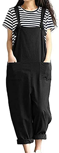YILEEGOO Cotton Linen Dungarees for Women, Ladies Casual Overalls Baggy Wide Leg Pants Jumpsuit Playsuit (Black#3, XX-Large)