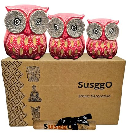 SusggO Eulen-Set, 3 Stück, aus Holz, Dekoration, handgeschnitzt, Glückseule, Kunsthandwerk, für Möbel, Rosa