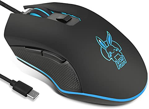 Huifen Souris de jeu filaire USB C, souris de jeu RVB silencieuse, 7 couleurs, rétroéclairée, 2400 DPI, souris de jeu filaire RVB de type C pour bureau, maison, PC, ordinateur portable et tous les