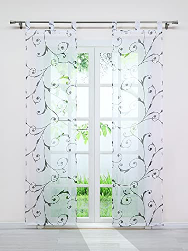 Delien 2er Set Voile Schiebegardinen mit Schlaufen Vorhang Deko Schals »Baum« Schiebevorhänge mit Äste Stoffdruck Wohnzimmer Gardinenschals Transparenter Vorhänge BxH 57x225cm,Weiß