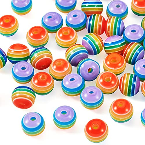 PandaHall Regenbogen-Perlen, gestreift, 8 mm, bunt, rund, Kunstharz, Abstandshalter, grob, Regenbogen-Perlen für Armbänder, Ohrringe, Schmuckherstellung, 100 Stück