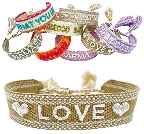 LS-LebenStil Exklusives Statement Armband Quasten besticktes Boho Canvas Webarmband (Love)