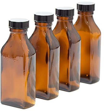 100ml Rectangular AMBER Glass Bottles with Black Lids - PACK of 4