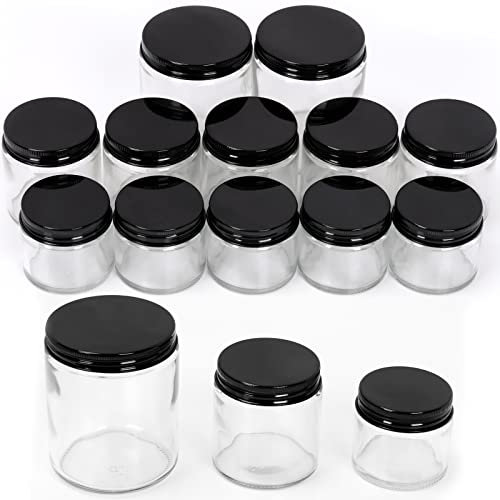 Swpeet Lot de 12 bocaux en verre transparent de 56,7 g, 113,4 g, 226,8 g avec couvercle noir, récipients ronds en verre avec couvercles, pots de voyage pour crème, lotion