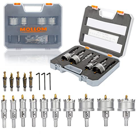 MOLLOM 10 seghe (16-53mm) Kit di seghe a tazza in carburo TCT per metalli duri. 5 punte pilota extra per acciaio inossidabile, ferro, alluminio, leghe e altri metalli
