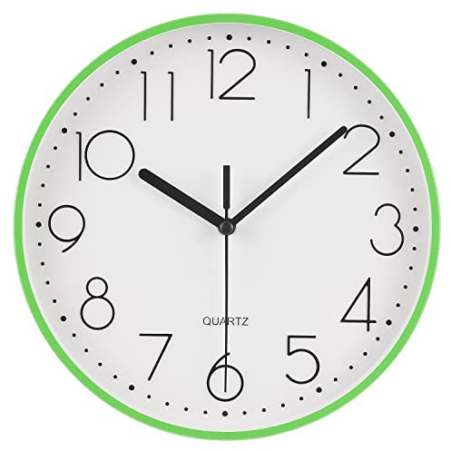 Topkey 22,9 cm leise runde Wanduhr mit arabischen Ziffern, leicht ablesbare Uhr für Wohnzimmer, Schlafzimmer, Schule und Kindergarten (Batterie nicht im Lieferumfang enthalten), Grün
