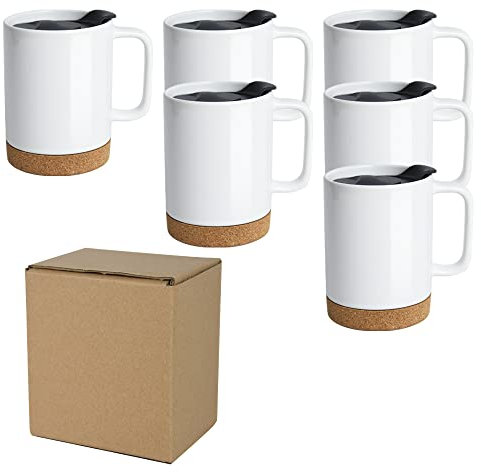 ARTONUSA Tazas de sublimación de 14 onzas con parte inferior de corcho extraíble y tapa a prueba de salpicaduras, tazas de café de sublimación con caja de pedido por correo marrón, caja de 6 piezas