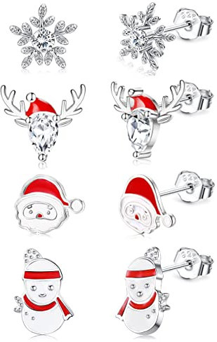 CASSIECA 4 Paar 925 Sterling Silber Ohrringe Weihnachten für Damen Mädchen Weihnachtsbaum Ohrringe Kranz Weihnachten Ohrringe Klein Ohrstecker Weihnachten Geschenke für Frauen Mädchen Kinder