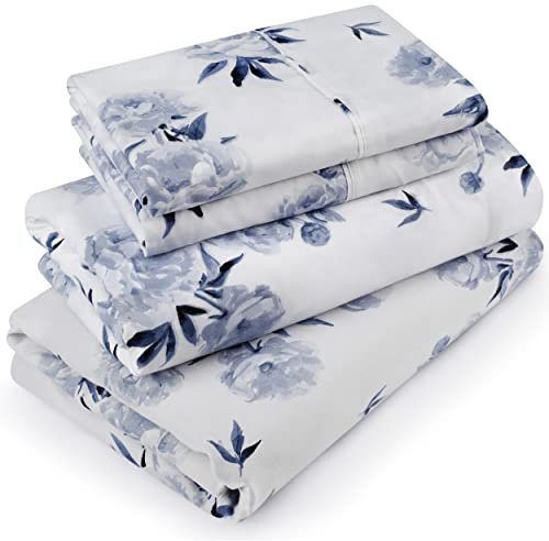 Utopia Bedding Queen Sheet Set, Soft Microfiber 4 Piece Bed Sheets with 16 Deep Pocket - Easy Care Brushed Microfiber (Rose Floral - Navy)