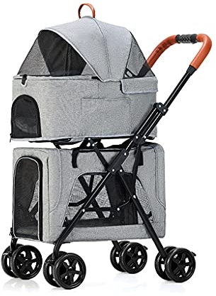 KITCISSL Hundebuggy Doppelter Hundewagen Klappbar, Pet Travel Kinderwagen Hund Katze Hundewagen Jogger Buggy mit 4 Rollen for Hunde und Katzen Atmungsaktive Reiseführer, Grau