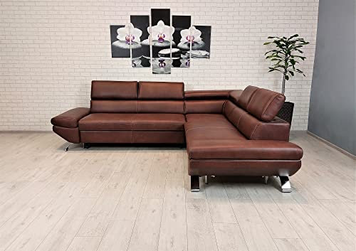 Italienisches Echtleder Ecksofa Varsovia RE  Sofa Couch mit Bettfunktion , Bettkasten und Kopfstützen Echt Leder mit Ziernaht Eck Couch Leder GRANADA große Farbauswahl (245 x 278 cm Ecke Rechts)